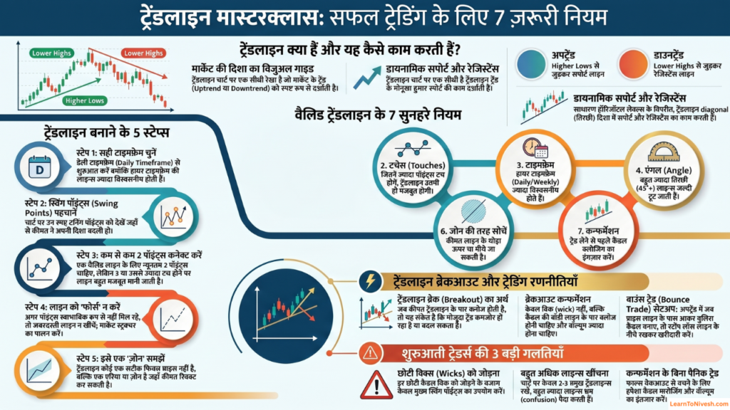 Trendlines masterclass infographic - 7 rules valid trendline banane ke steps aur trading strategies Hindi