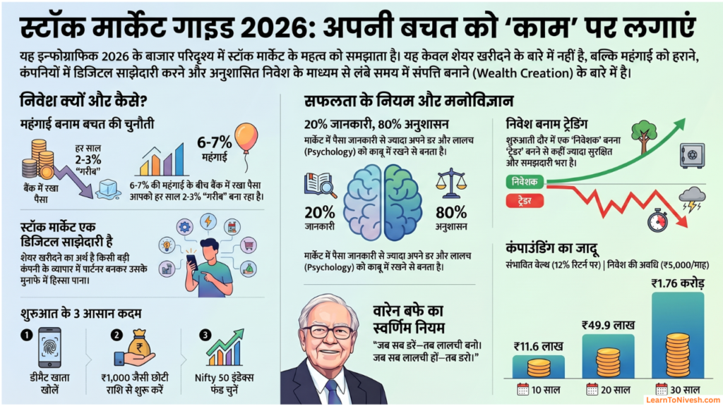 Stock Market Guide 2026 Hindi Infographic - Inflation vs Savings, Power of Compounding, Warren Buffett investing rules, Nifty 50 Index Fund basics in Hindi