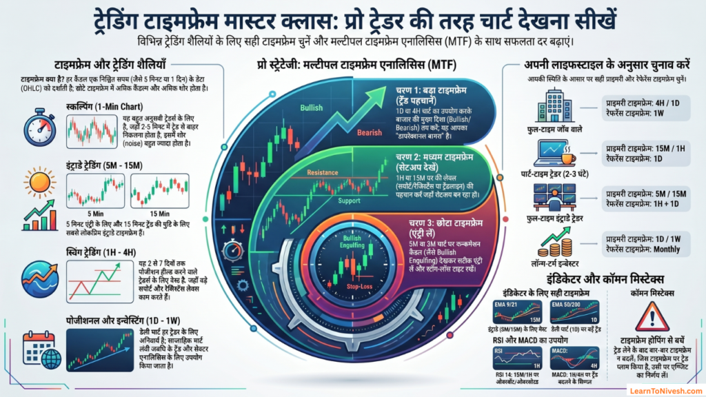 Trading Timeframe Master Class Hindi infographic - Scalping 1min, Intraday 5M-15M, Swing Trading 1H-4H, Positional 1D-1W charts, Multi Timeframe Analysis MTF strategy, RSI MACD indicators guide in Hindi
