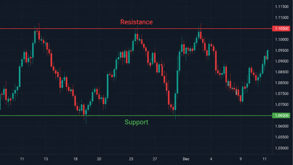 Support Resistance chart example - candlestick chart mein green support line aur red resistance line